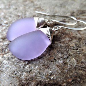 purple sea glass earrings - wire wrapped earrings -